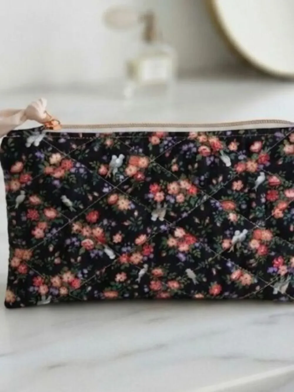 Handmade Quilted Floral Cosmetic Pouch with Bow Accent  flowers & birds material
